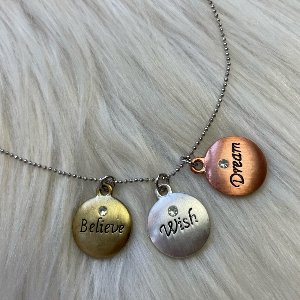 Believe Wish Dream three tone pendant necklace